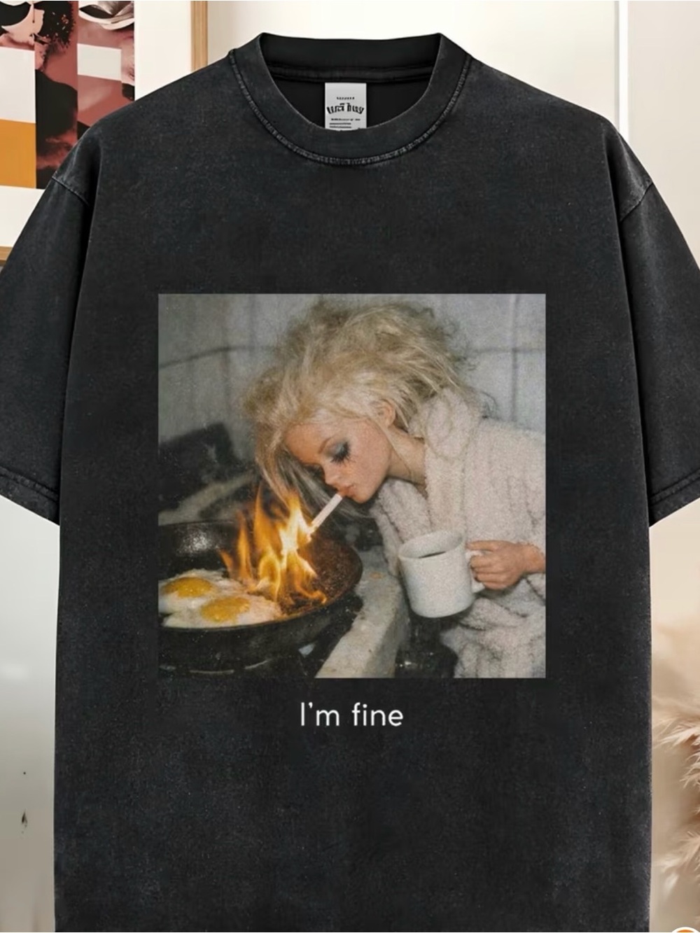 Sarcastic "I'm Fine" Retro Housewife Graphic Tee – Vintage Washed Black Casual